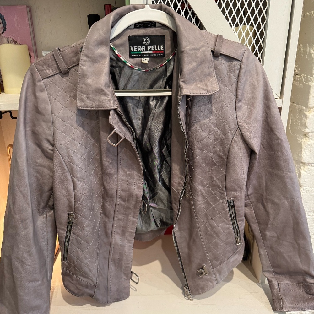 Vera Pelle Grey Leather Jacket with Metal Hardware